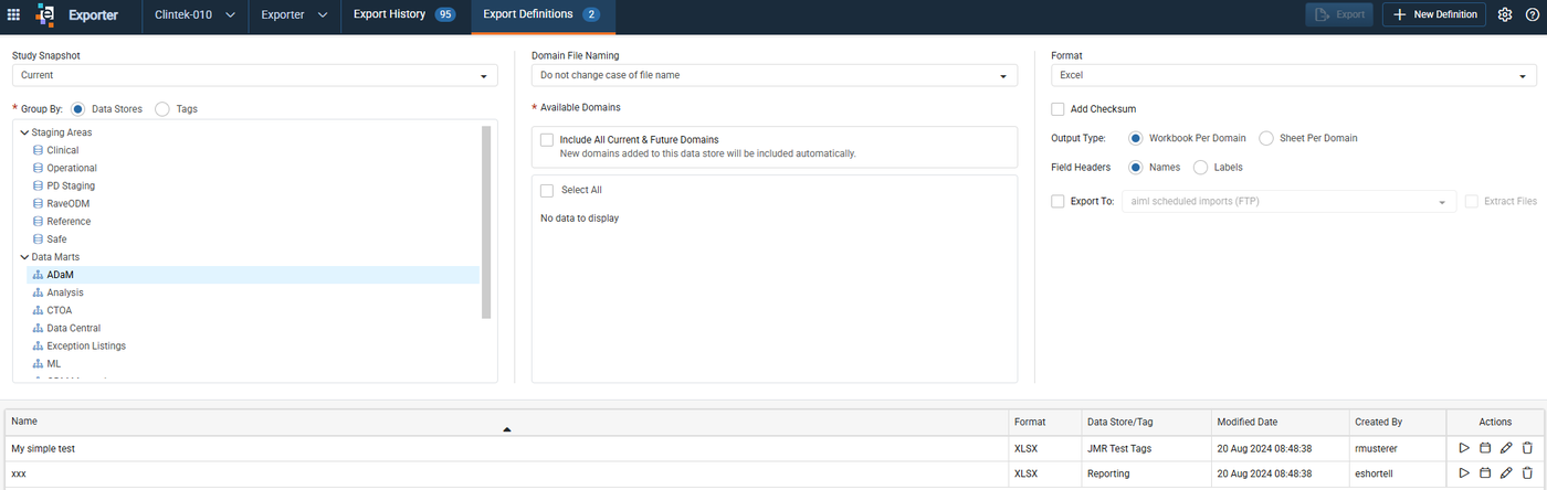 Export Definitions tab with the definitions table and the run, schedule, edit, and delete actions