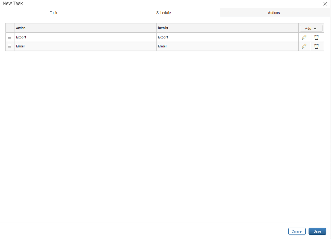 New Task window Actions tab with the Export and Email actions and the Add drop-down