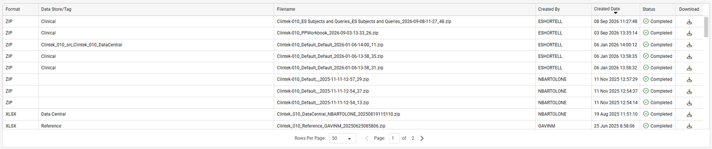 Export History table with export rows and the Download controls