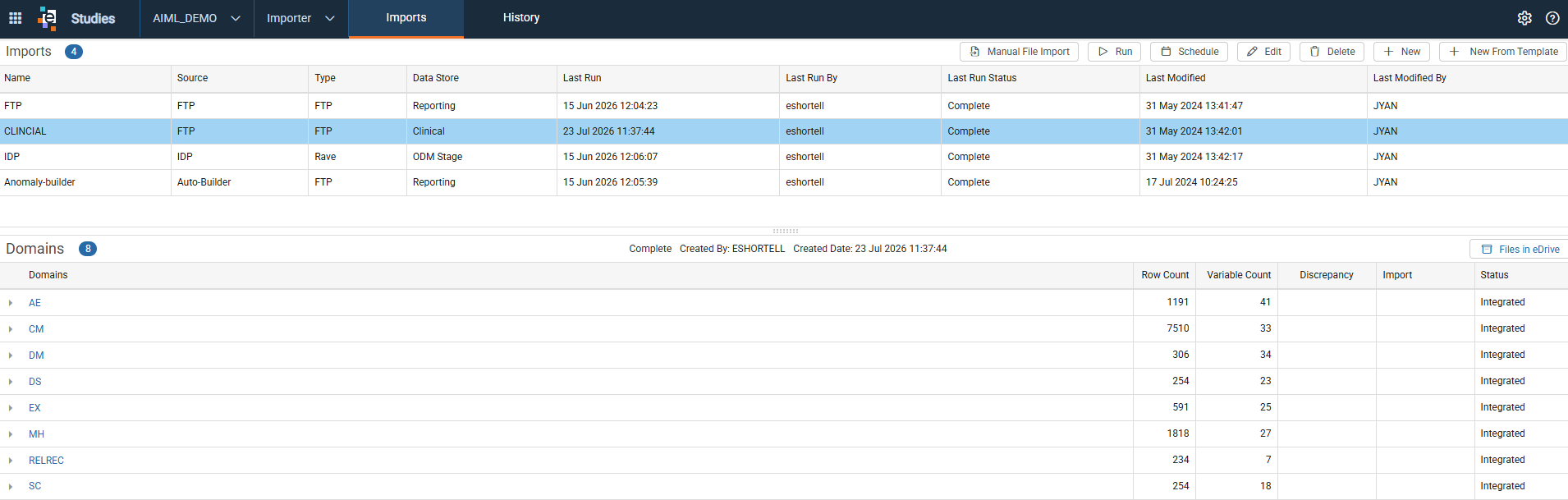 Importer page for the selected study with the Imports and History tabs and the domains detail panel
