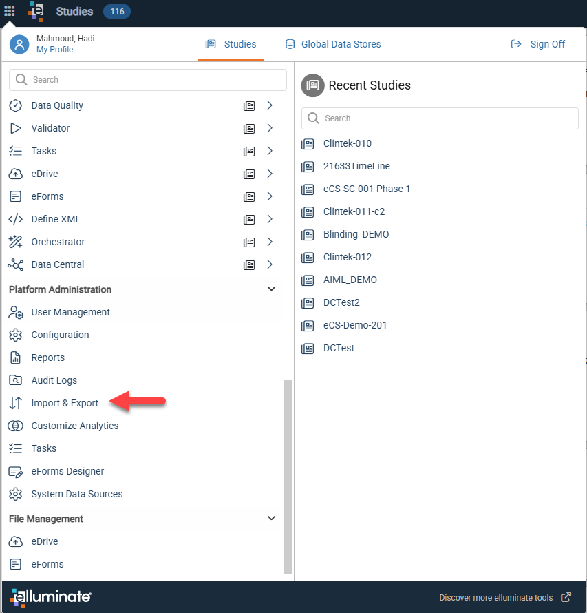 Import and Export entry under the Platform Administration section of the Platform Menu