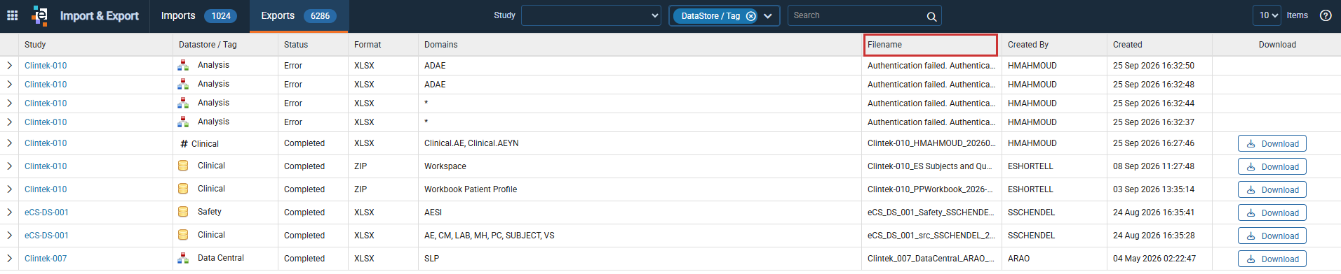 Exports tab on the Import and Export page with the Filename column and the Download buttons