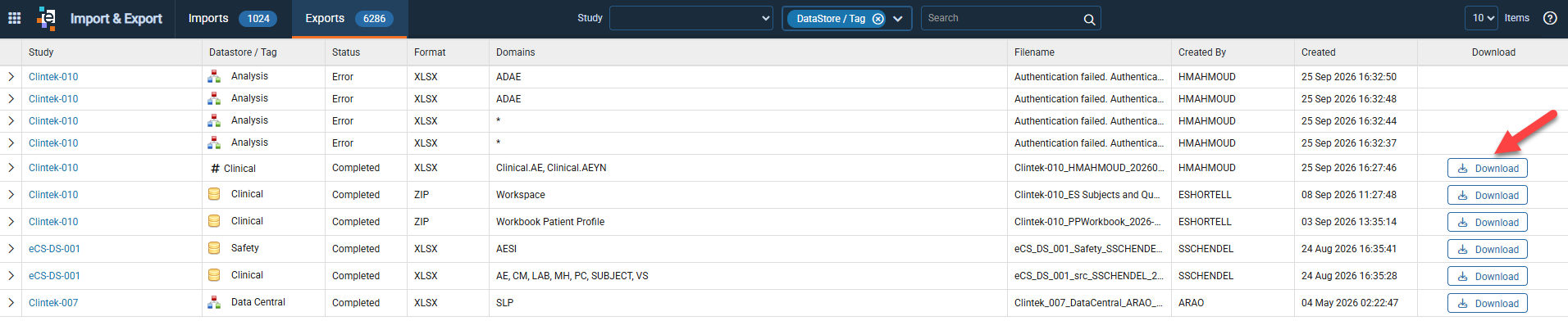 Exports tab on the Import and Export page with the Filename column and the Download buttons