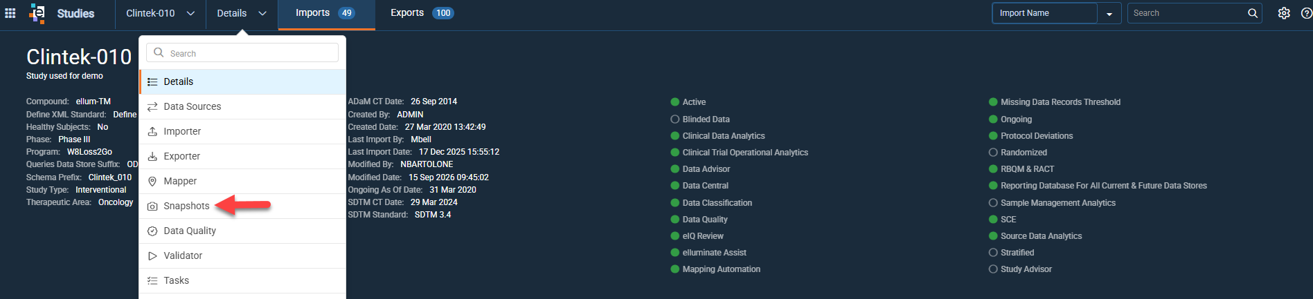 Snapshots option in the Study Management drop-down within a study