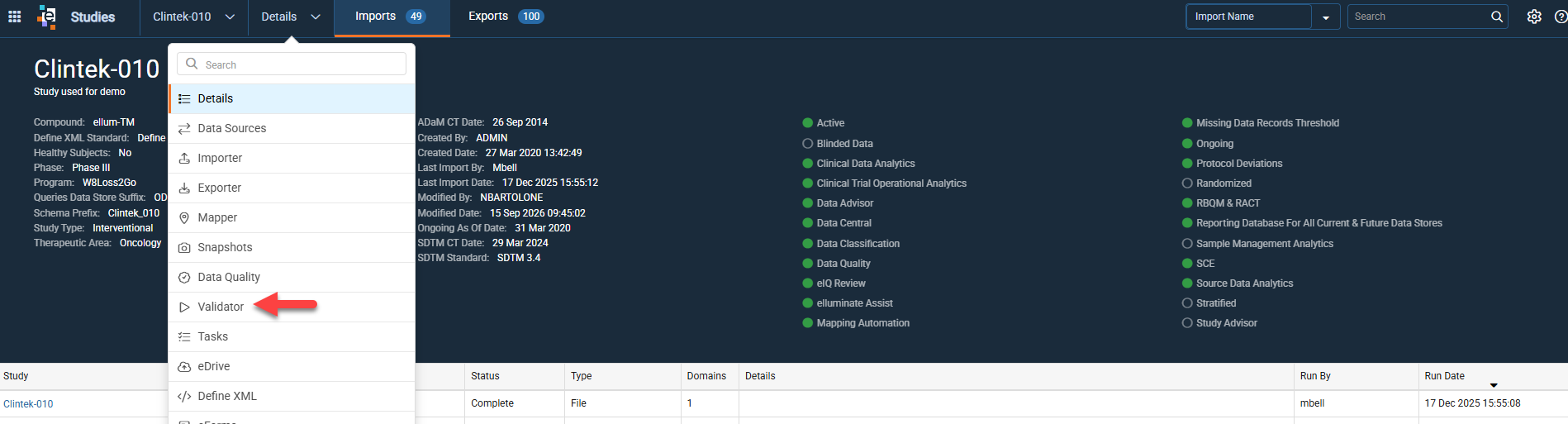 Validator option in the Study Management drop-down within a study