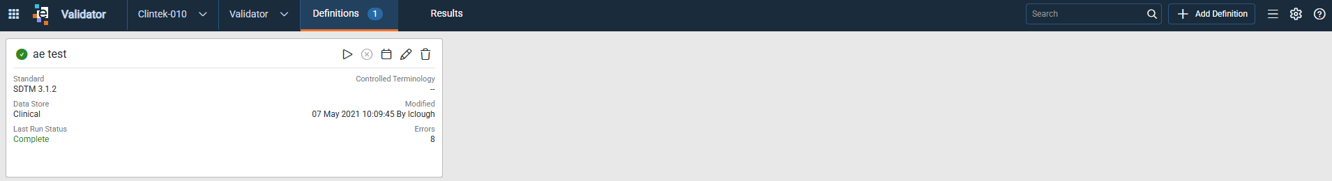 Validator Definitions tab with a definition card, the search bar, and the Add Definition button