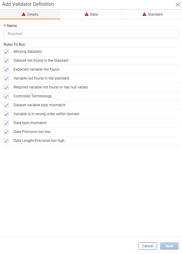 Add Validator Definition window Details tab with the Name field and the Rules To Run checklist