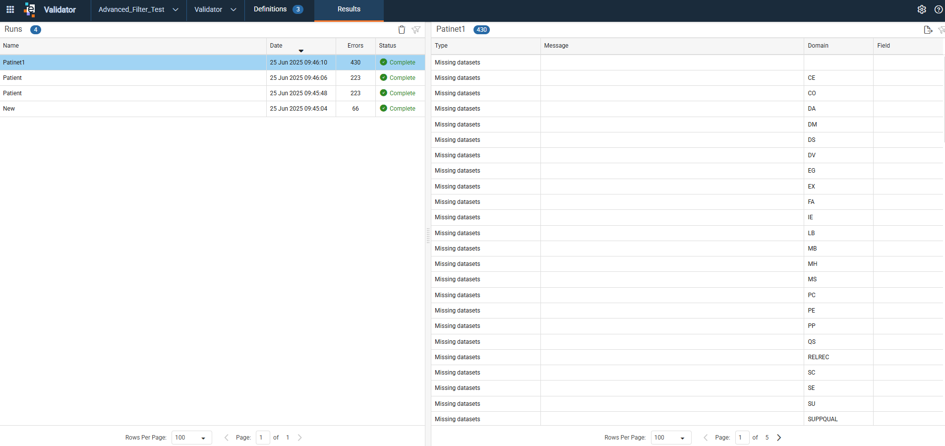 Validator Results tab with the Runs table and the split-screen detail table for the selected run