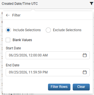 Created Date/Time UTC filter popout