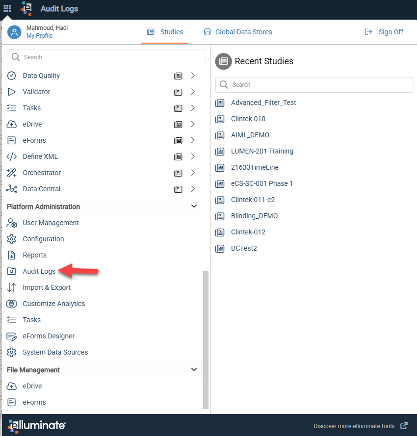 Audit Logs entry under the Platform Administration section of the Platform Menu