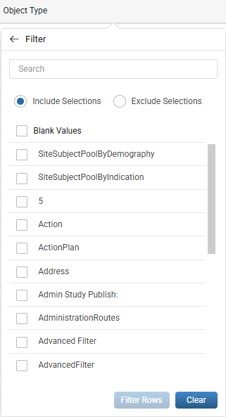Object Type filter popout