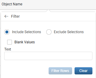 Object Name filter popout