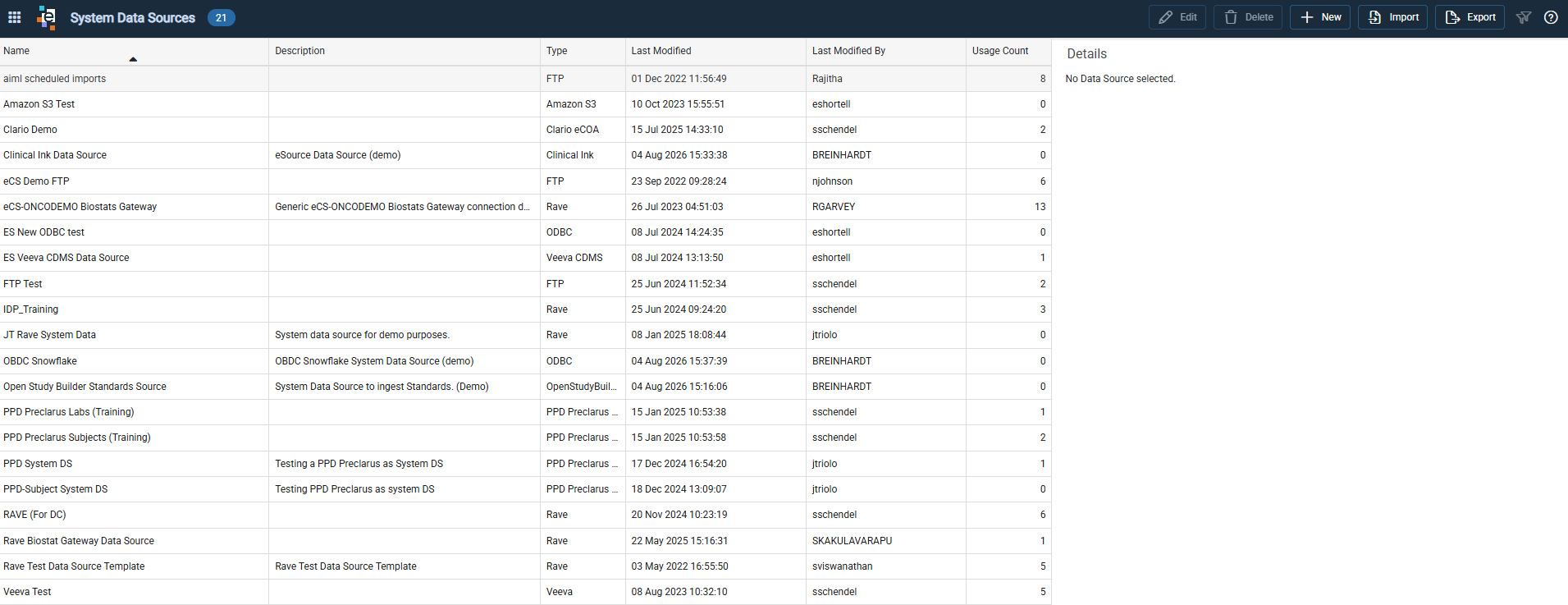 System Data Sources list with Details panel