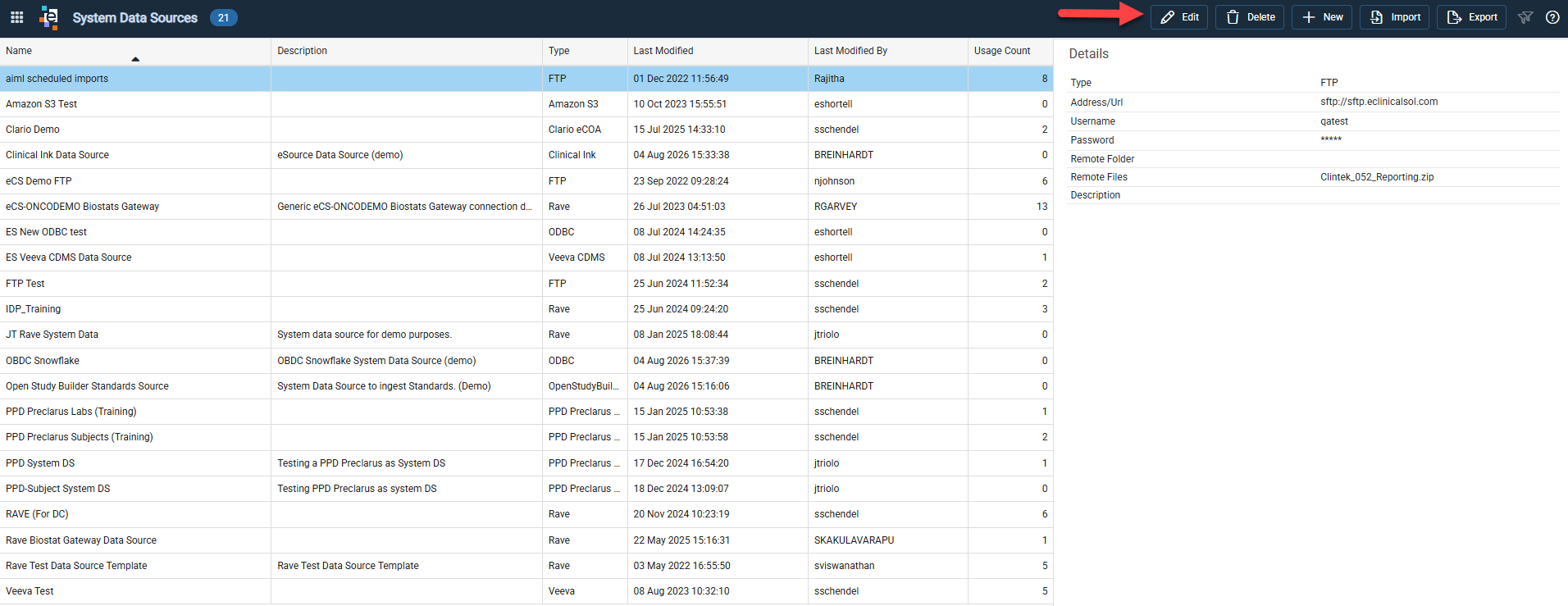 System Data Sources list with a data source selected and the Details panel