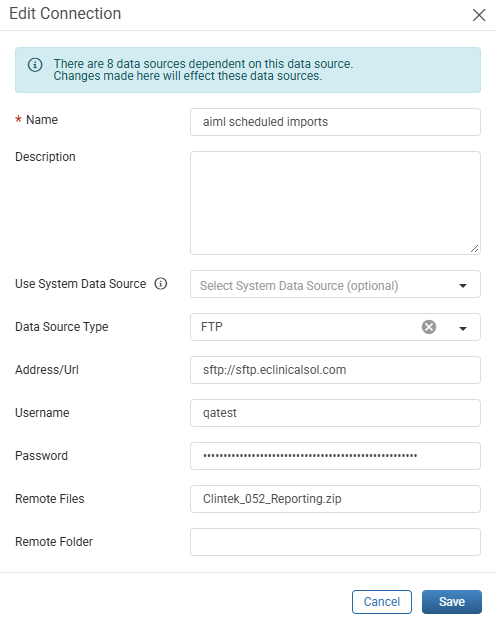 Edit Connection window with the dependent data sources message