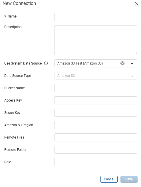 New Connection window with the X icon in the Use System Data Source field