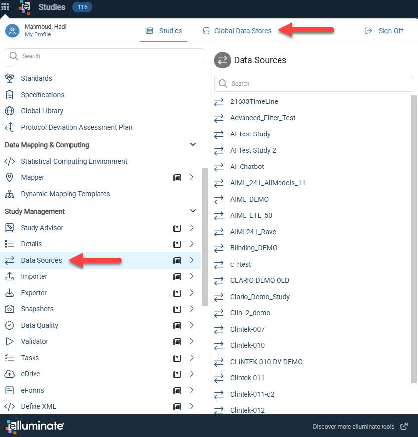 Platform Menu with Data Sources under Study Management and the Global Data Stores tab