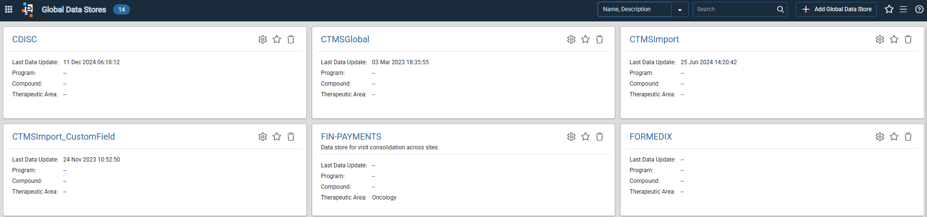 Global Data Stores page with data store cards