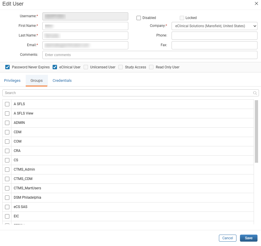 Edit User window with Groups tab selected for adding a user to a group
