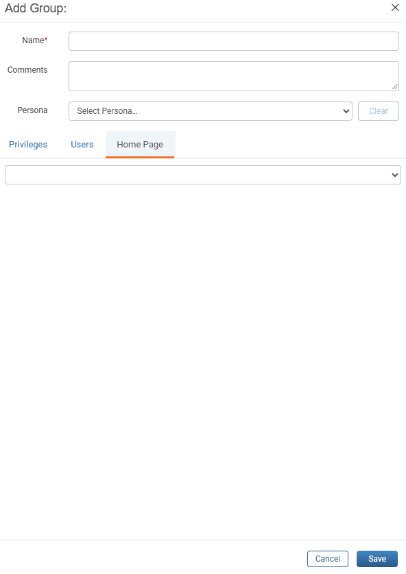 Add Group window with the Home Page tab open for default landing page selection