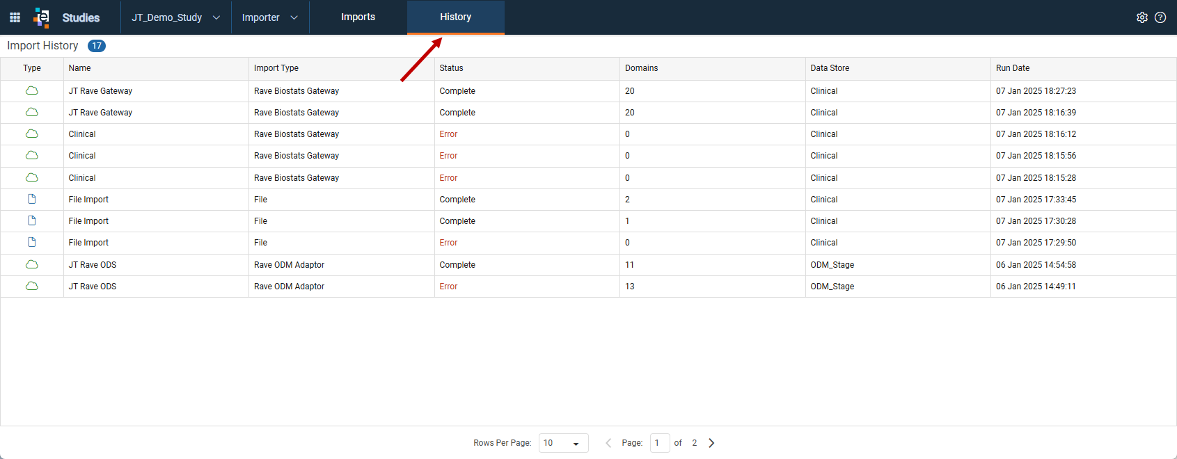 Import History list for a study with successful and failed imports