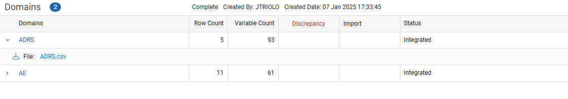 Imports window with the completed import status and an expanded domain row