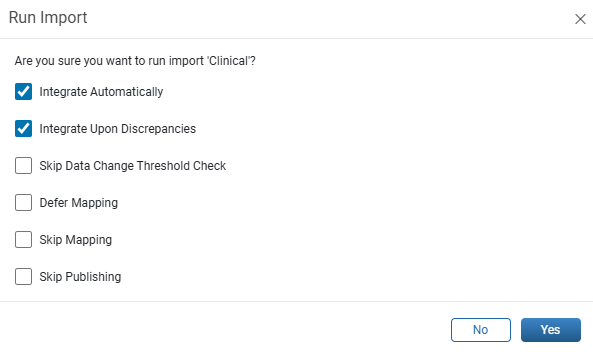 Run Import confirmation window with the integration, threshold, mapping, and publishing checkboxes