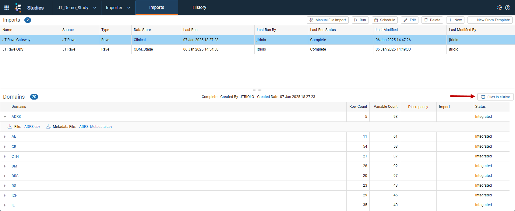 Imports window with the Files in eDrive link for the selected import