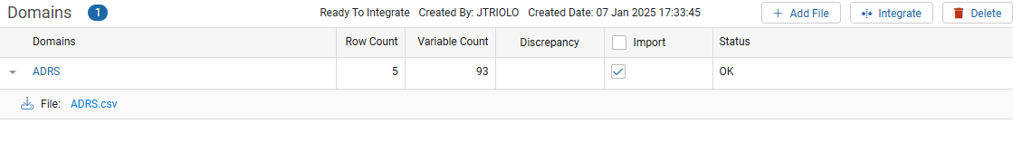 Imports window with a selected file listed and the Import and Status columns