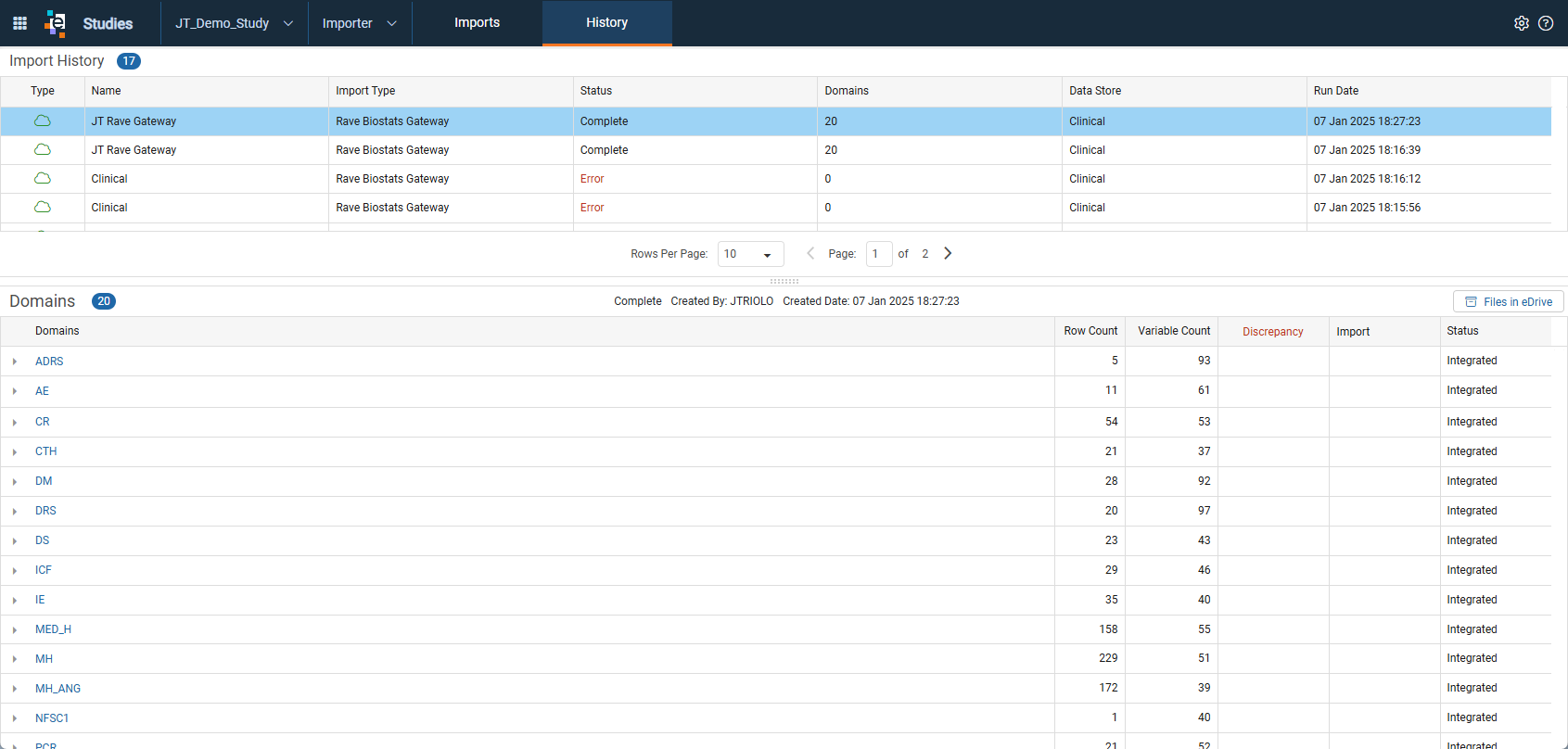 Import History list with an import selected and its domains displayed