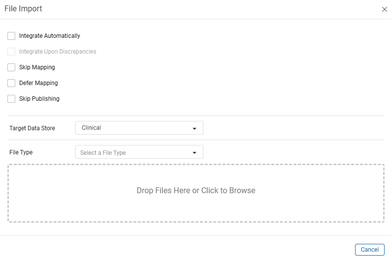 Manual file import window with the Integrate Automatically, Integrate Upon Discrepancies, Skip Mapping, Defer Mapping, and Skip Publishing checkboxes and the Target Data Store and File Type drop-downs