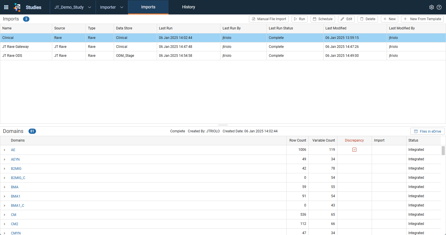 Imports window for a study with the import definitions list and the master header buttons