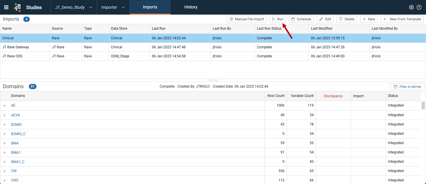 Imports window with an import definition row selected