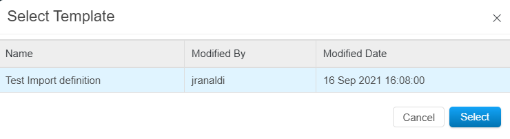 Select Template window with the list of available import definition templates