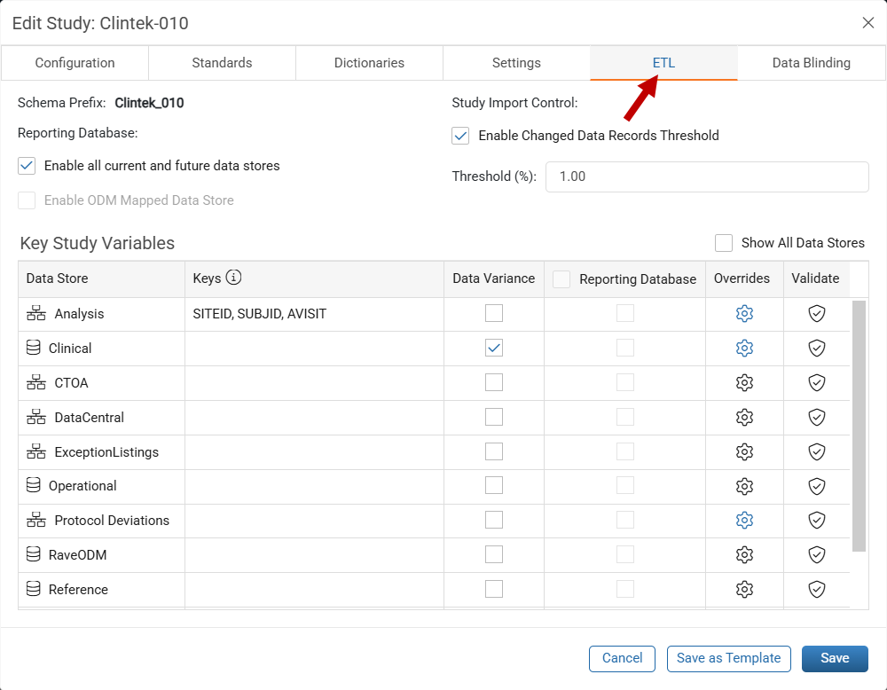 ETL tab of the study settings with the Keys, Overrides, and Validate options for each data store