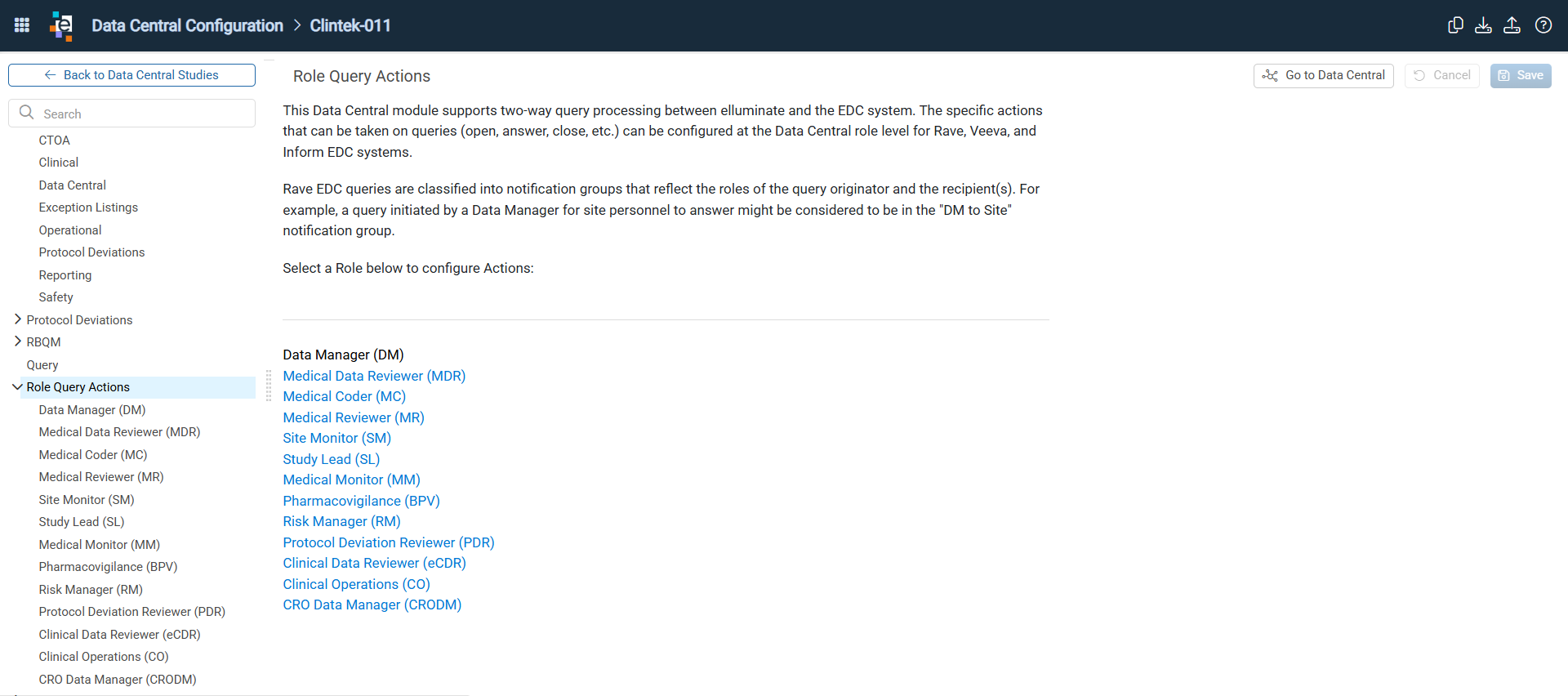 Role Query Actions settings with roles in the left navigation and query statuses and actions for a notification group