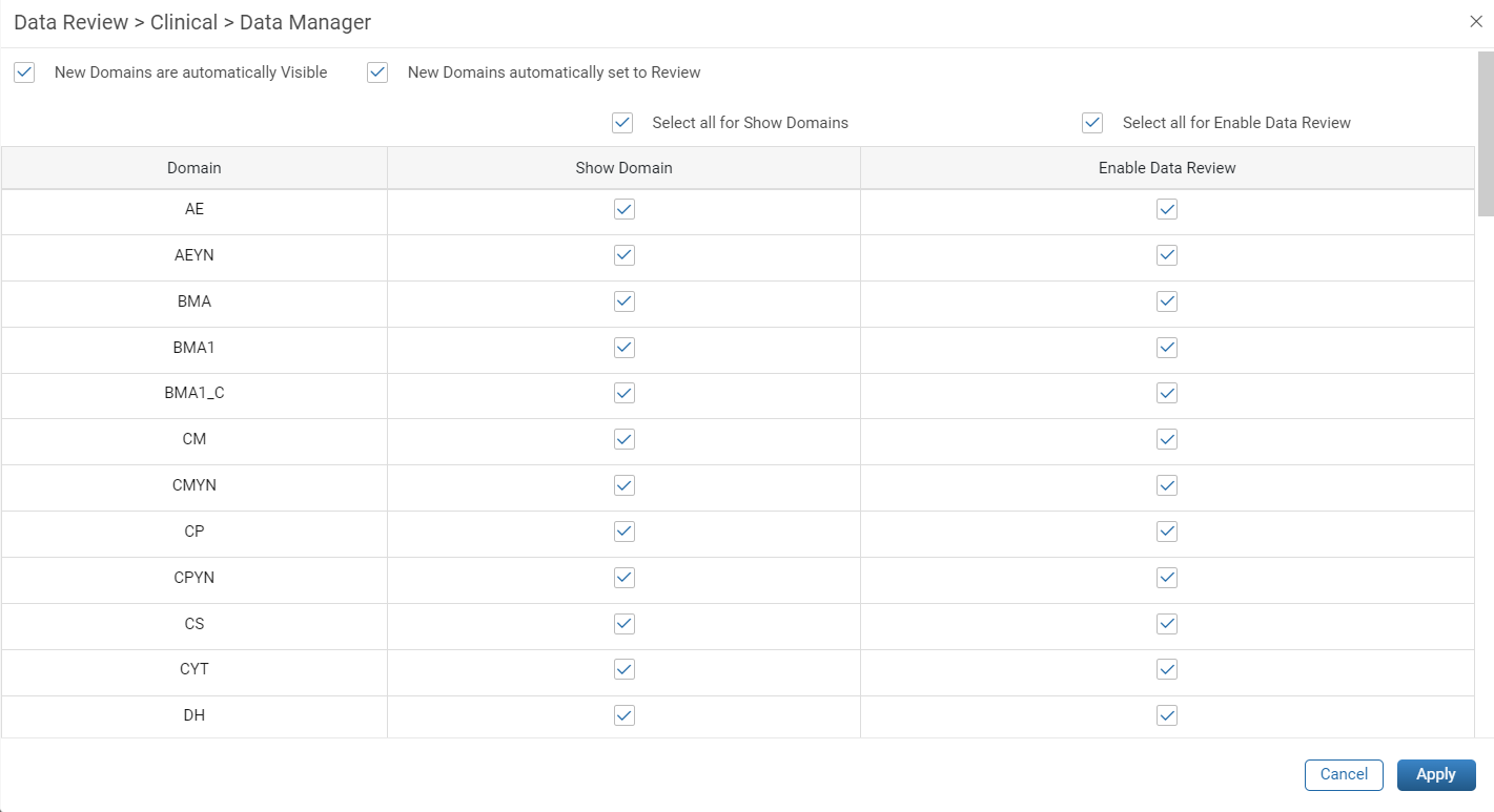 Domain Settings window with automatic visibility and review options and the domain selection lists