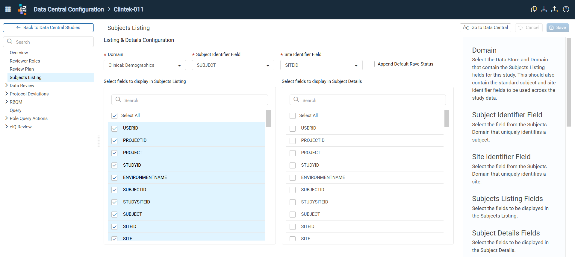 Subjects Listing settings in the Data Central Configuration window with domain, identifier, and display field selections