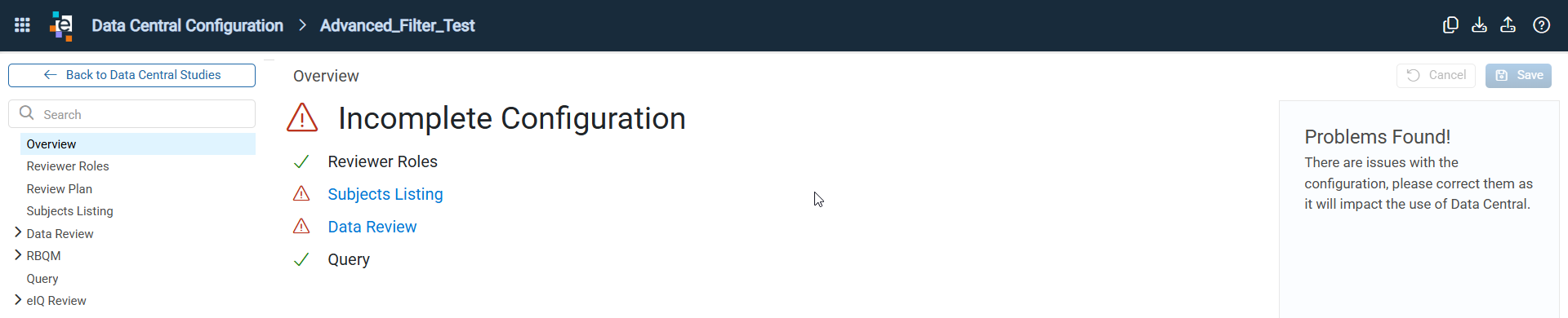 Overview in the Data Central Configuration window with configuration status for each section