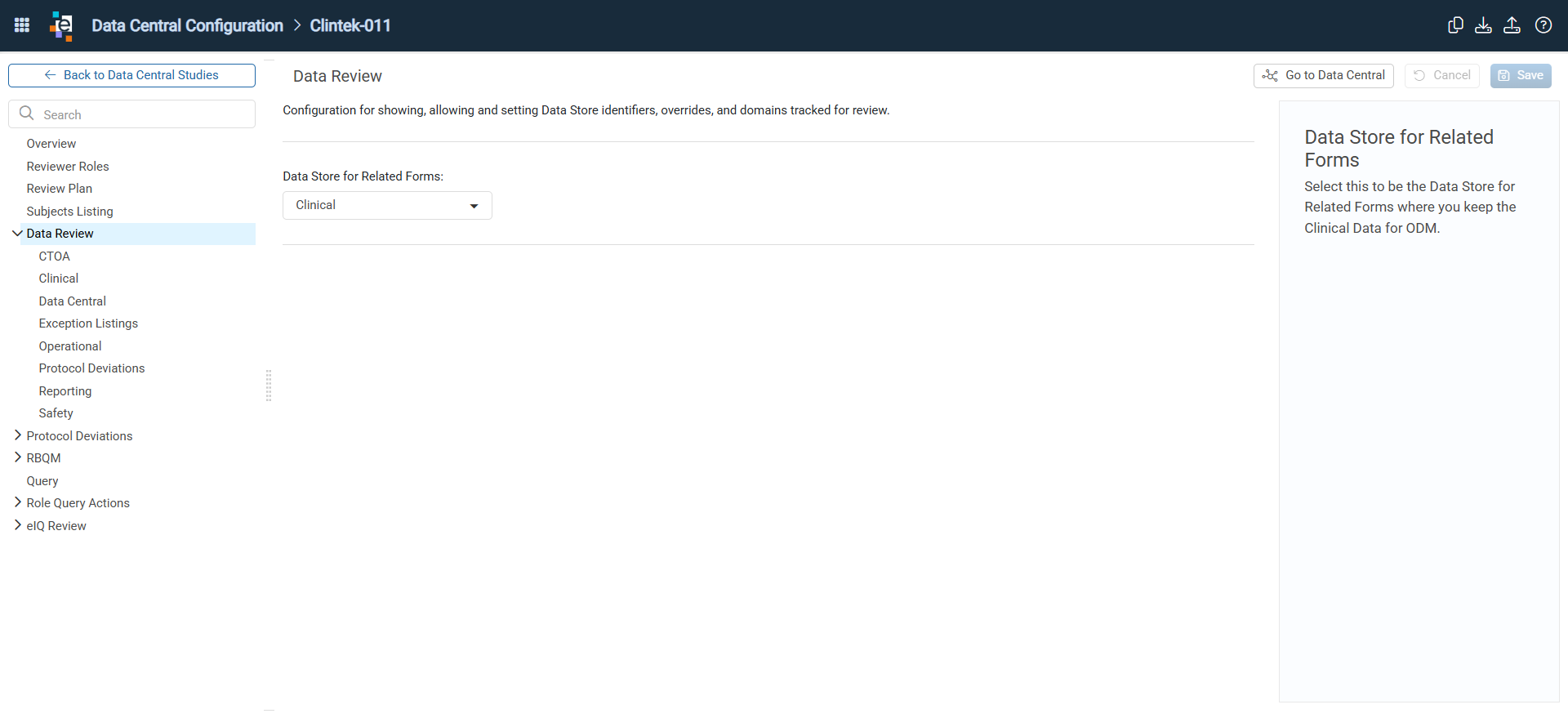 Data Review settings in the Data Central Configuration window with the Data Store for Related Forms drop-down and the data store list