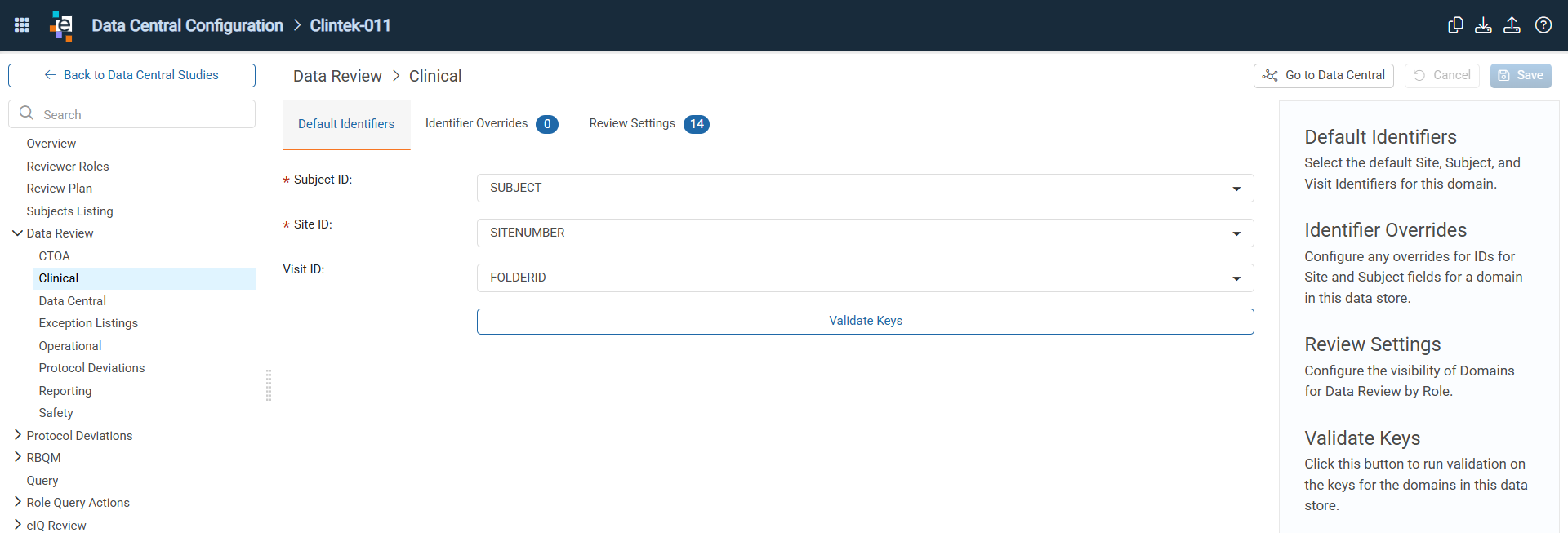 Default Identifiers tab for a data store with the Subject ID, Site ID, and Visit ID drop-downs and the Validate Keys button