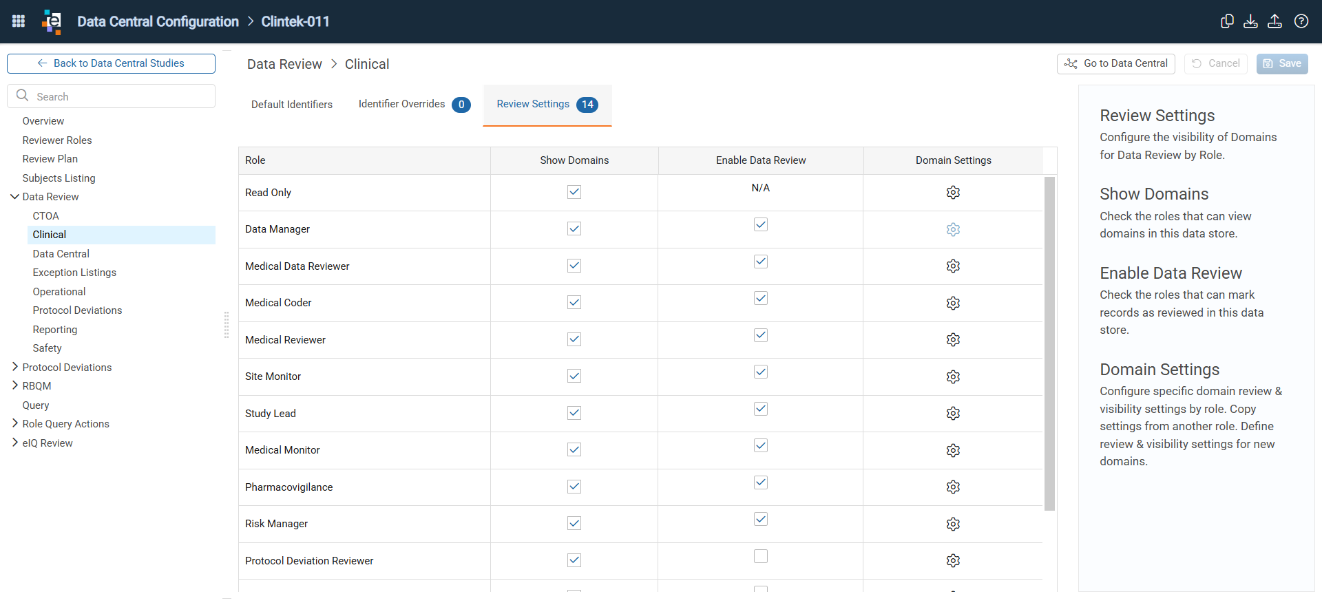 Review Settings tab with the Show Domains and Enable Data Review checkboxes by role and the Domain Settings icon