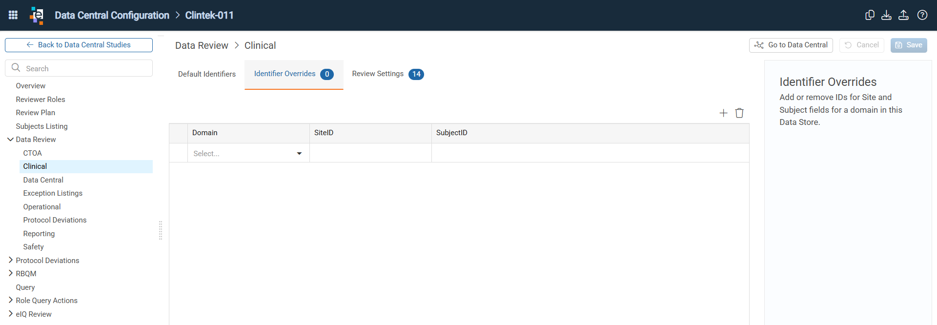 Identifier Overrides tab for a data store with domain, site ID, and subject ID override rows