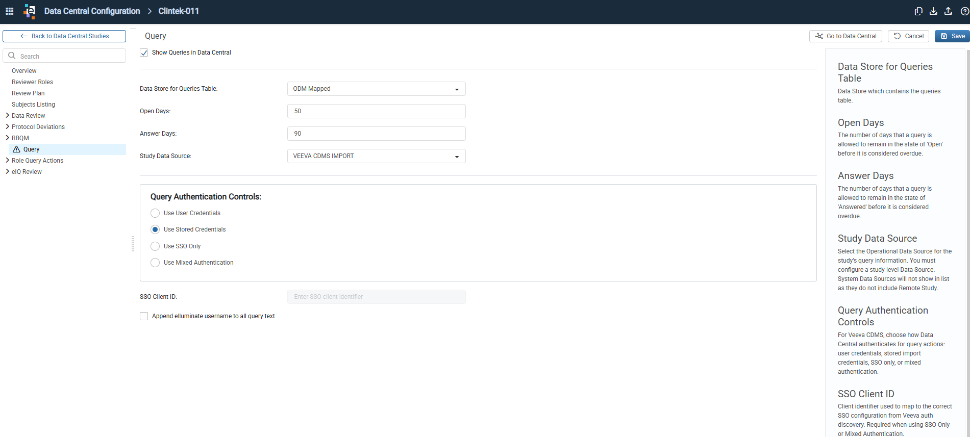 Query section of the Data Central Configuration window with the query table, overdue days, study data source, Query Authentication Controls radio buttons, and SSO Client ID fields
