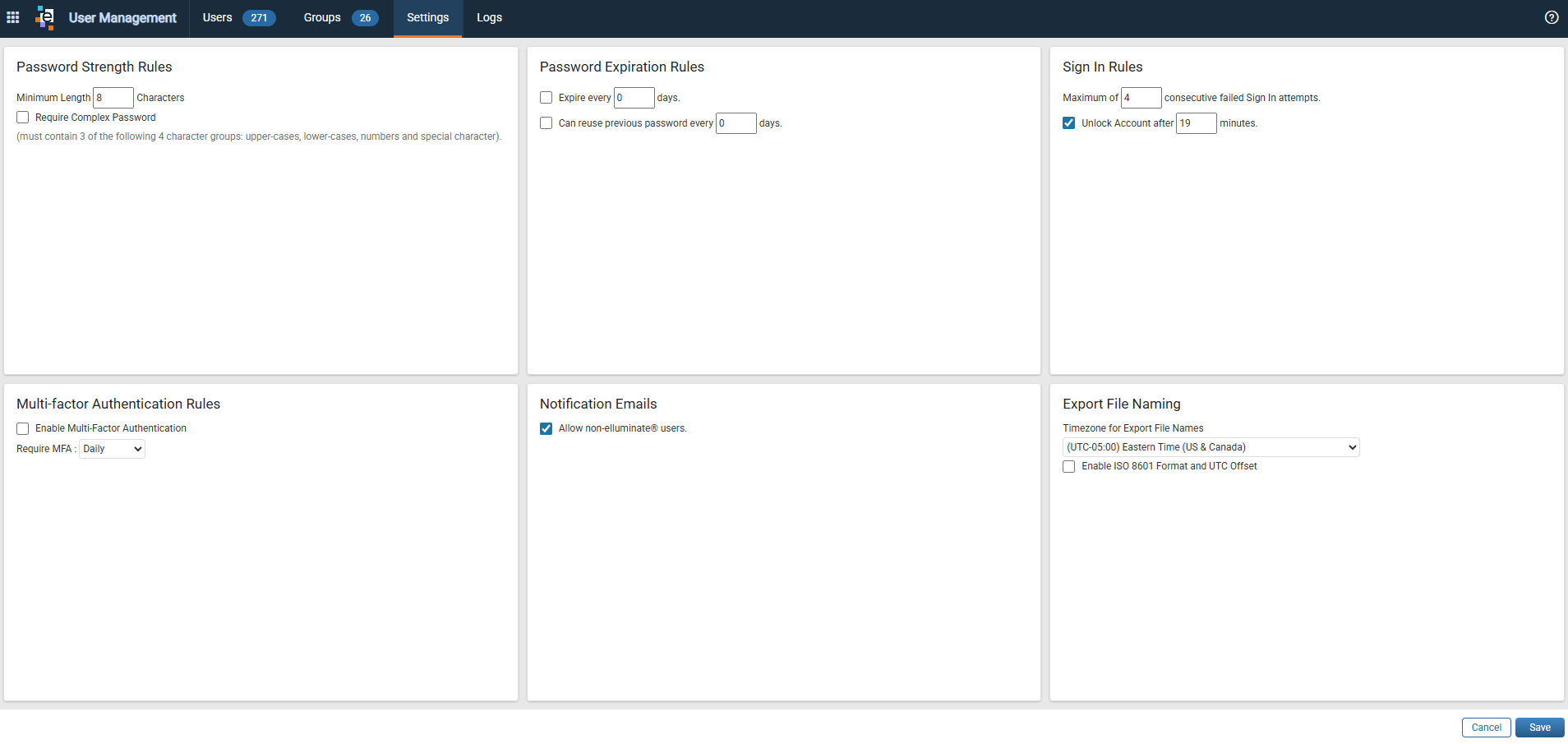 Settings tab in User Management with the Password Strength Rules, Password Expiration Rules, Sign In Rules, Multi-factor Authentication Rules, Notification Emails, and Export File Naming panels