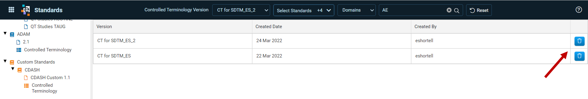 Manage Versions list with the Delete icon for each controlled terminology version