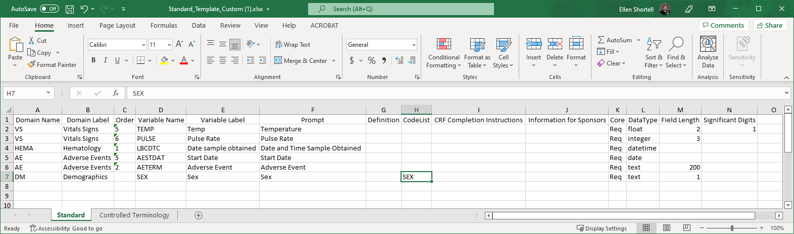 Standard sheet of the custom template with domain and variable columns and sample data
