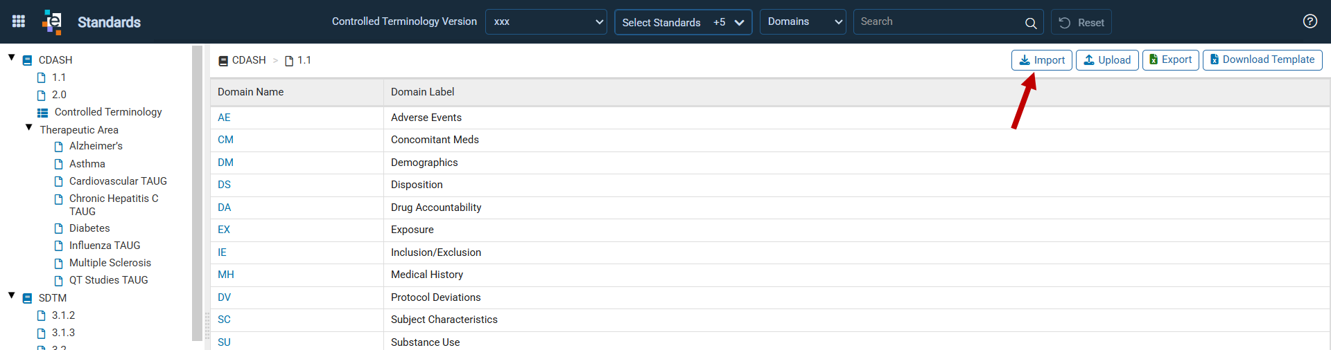 Standards page with the Import button for importing from a standards data source
