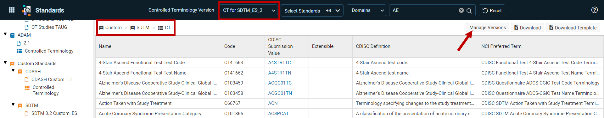 Custom controlled terminology with the Controlled Terminology Version field and the Manage Versions button