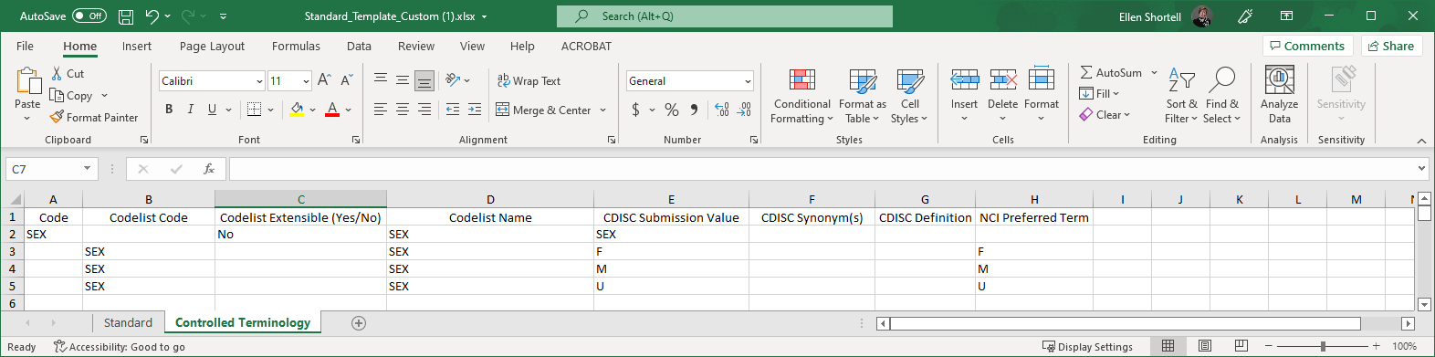Controlled Terminology sheet of the custom template with codelist columns and sample data